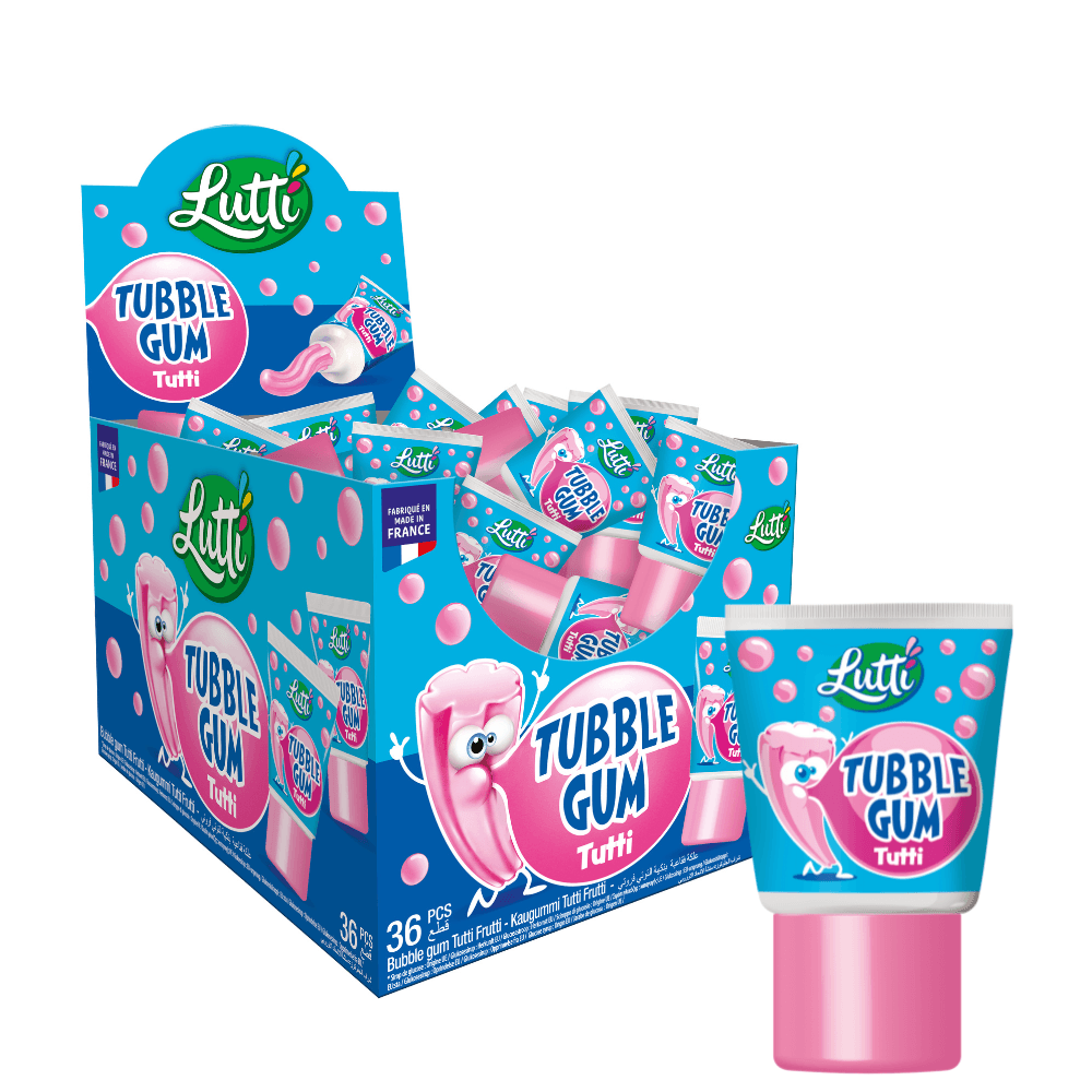 6x Lutti Tubble Color Raspberry Flavour Vintage Bubble Gum In Tube 35g