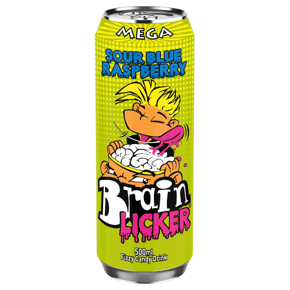 Mega Brain Licker Sour Blue Raspberry Fizzy Candy Drink Can 500ml 