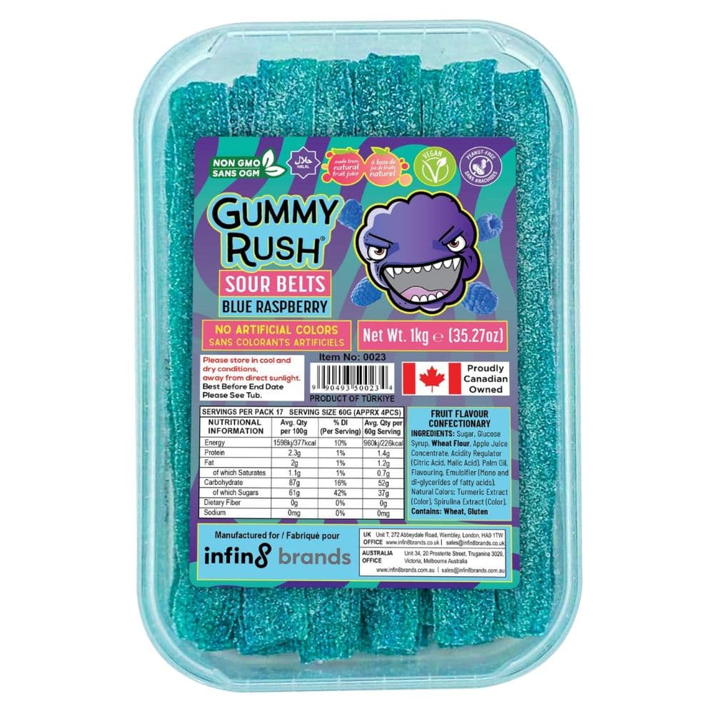 Gummy Rush Blue Raspberry Sour Belts Tub 1kg