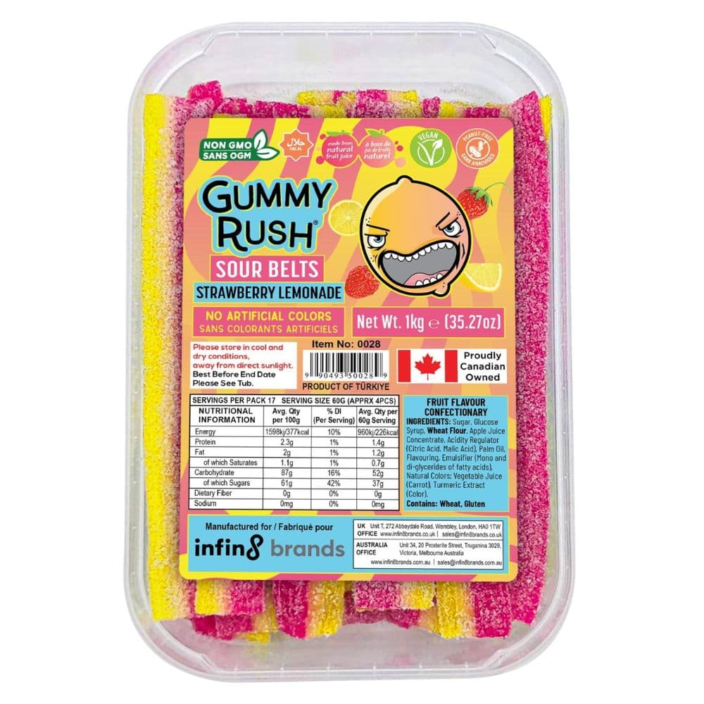 Gummy Rush Strawberry Lemonade Sour Belts Tub 1kg