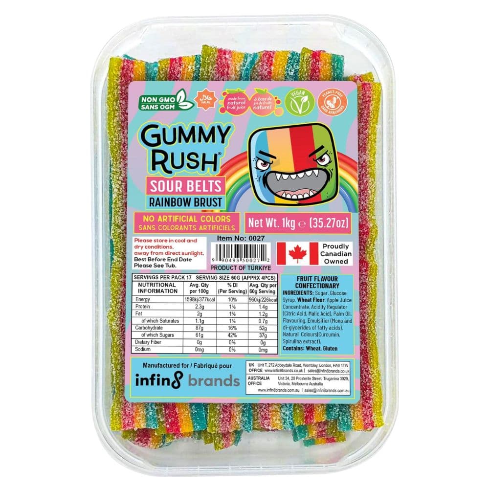 Gummy Rush Rainbow Burst Sour Belts Tub 1kg
