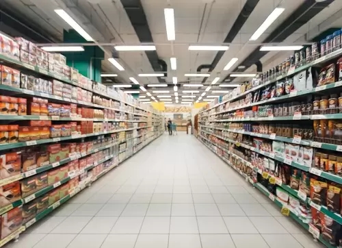 Various food items place on shelves within a retail store